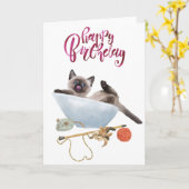 Happy Birthday Cute Waterverf Siamese Kitten Cat Kaart (Gele Bloem)