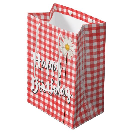 Happy Birthday Daisy Op Rode Gingham Medium Cadeauzakje (Voorkant Gekanteld)