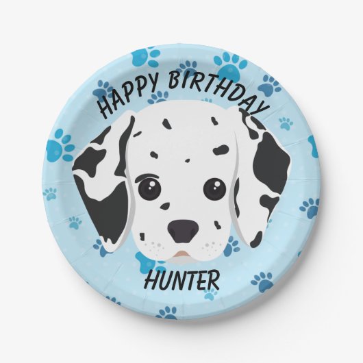 Happy Birthday Dalmatian Puppy Blue Paw Print Papieren Bordje (Voorkant)
