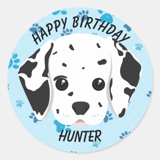 Happy Birthday Dalmatian Puppy Blue Paw Print Ronde Sticker (Voorkant)