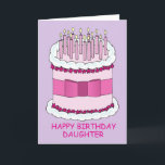 Happy Birthday Daughter Cake en kaarsen Kaart<br><div class="desc">Een illustratie van een witte en roze taart,  geplaatst tegen een mauve gekleurde achtergrond. De taart is bekleed met bleke roze kaarsen en heeft een roze strik eromheen. de woorden 'Happy Birthday Daughter' vergezellen het afbeelding.</div>