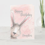 Happy Birthday Daughter Waterverf Bunny Rabbit Kaart<br><div class="desc">Een mooie verjaardagskaart voor de verjaardag van je dochter met een waterverf konijnenkonijn die om de hoek kijkt en twee subtiele roze harten op de roze en grijze waterverf achtergrond. Ontworpen door Robin Simpel; waterverf elementen van Design Cuts.</div>