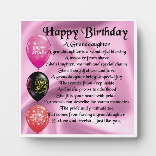 Happy Birthday Design Granddochter Poem Plaque Fotoplaat (Voorkant)