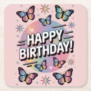 Happy Birthday Design met kleurrijke vlinders Kartonnen Onderzetters