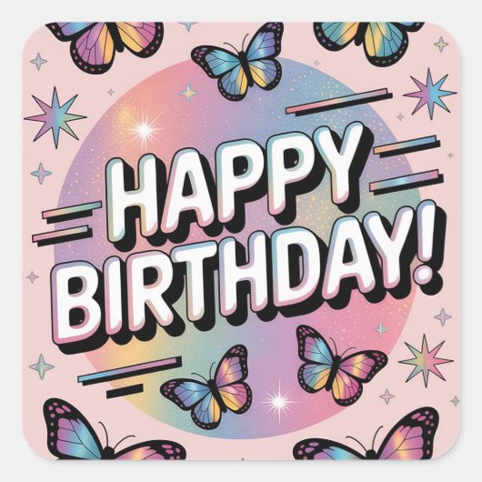 Happy Birthday Design met kleurrijke vlinders Vierkante Sticker (Voorkant)