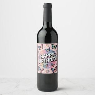 Happy Birthday Design met kleurrijke vlinders Wijn Etiket