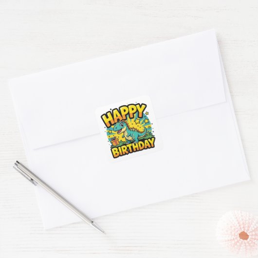 Happy Birthday Dinosaur Vierkante Sticker (Envelop)