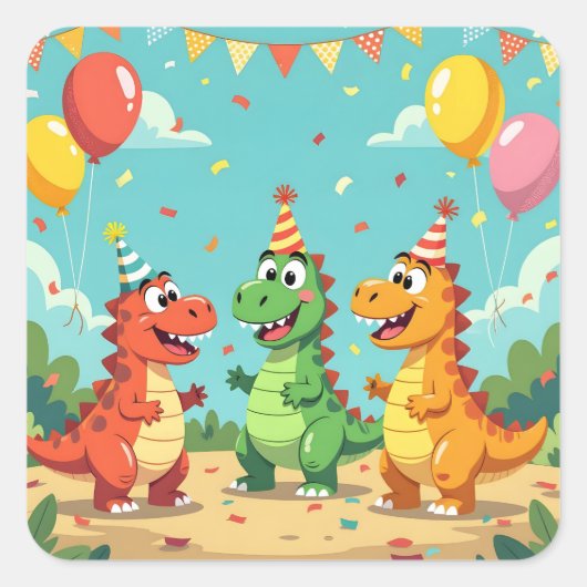 Happy birthday dinosaurs theme vierkante sticker (Voorkant)