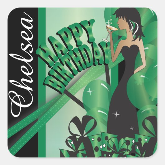 Happy Birthday Diva Girl | DIY-naam | Groen Vierkante Sticker (Voorkant)