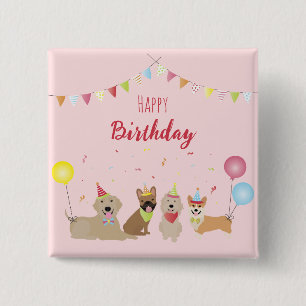 Happy Birthday Dog Party Vierkante Button 5,1 Cm