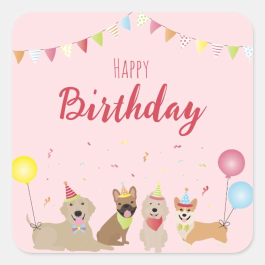 Happy Birthday Dog Party Vierkante Sticker (Voorkant)
