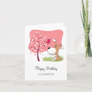 Happy Birthday Dog Puppy Bird Flower Blooming Pink Kaart