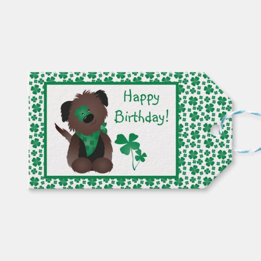 Happy Birthday Dog Shamrock Green Cadeaulabel (Voorkant (Horizontaal))