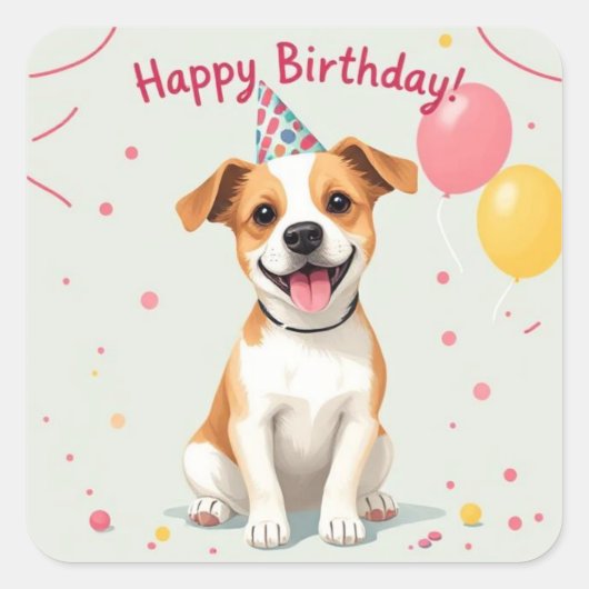 Happy Birthday Dog with Party Hat & Balloons Vierkante Sticker (Voorkant)