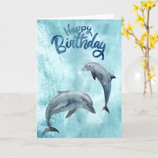 Happy Birthday Dolphin Waterverf Kaart (Gele Bloem)