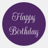 Happy Birthday Donker Paarse & Wit Elegant Script Ronde Sticker (Voorkant)