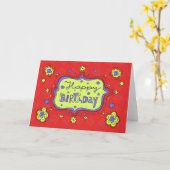 Happy Birthday Doodle Red Girly Wenskaart Kaart (Gele Bloem)