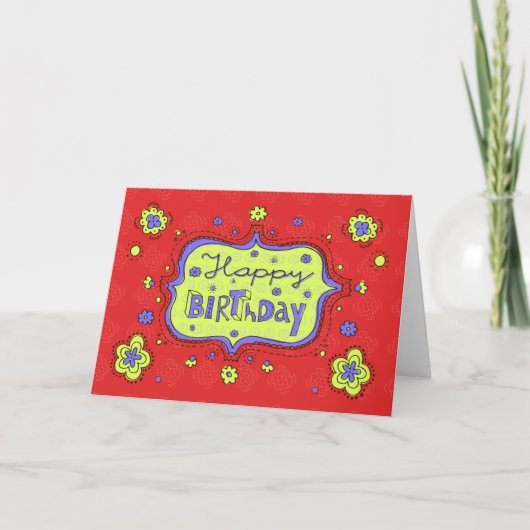 Happy Birthday Doodle Red Girly Wenskaart Kaart (Voorkant)