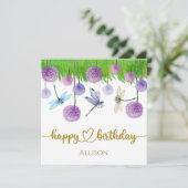 Happy Birthday Dragonflies Wild Flowers Waterverf Kaart (Staand voorkant)