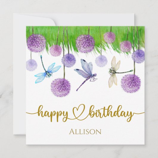 Happy Birthday Dragonflies Wild Flowers Waterverf Kaart (Voorkant)