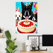 Happy Birthday, drie honden en cake | AI Art. Poster (Thuiskantoor)