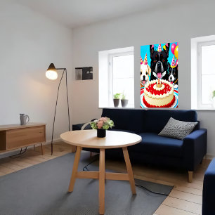 Happy Birthday, drie honden en cake   AI Art. Poster