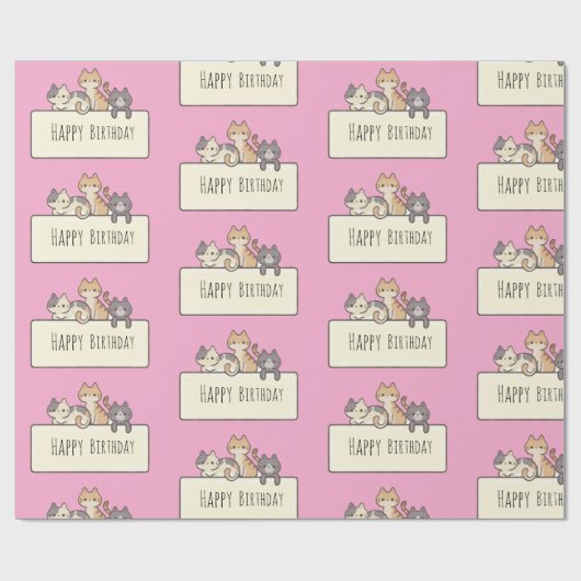 Happy Birthday Drie Schattigee Katten Verpakking P Cadeaupapier (Vlak)