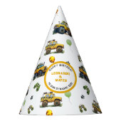 Happy Birthday Dynamic Duo Monster Truck Twin Boys Feesthoedjes (Voorkant)