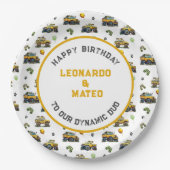 Happy Birthday Dynamic Duo Monster Truck Twin Boys Papieren Bordje (Voorkant)