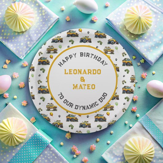 Happy Birthday Dynamic Duo Monster Truck Twin Boys Papieren Bordje