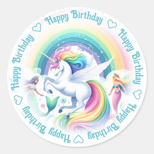 Happy Birthday Eenhoorn en Zeemeerminnen Ronde Sticker (Voorkant)
