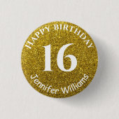 Happy Birthday Eigen naam Leefjaar Gold Glitter Ronde Button 3,2 Cm (Voorkant)