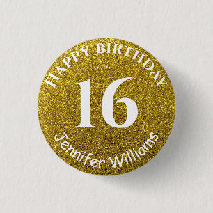 Happy Birthday Eigen naam Leefjaar Gold Glitter Ronde Button 3,2 Cm