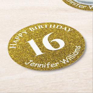 Happy Birthday Eigen naam Leefjaar Gold Glitter Ronde Kartonnen Onderzetter