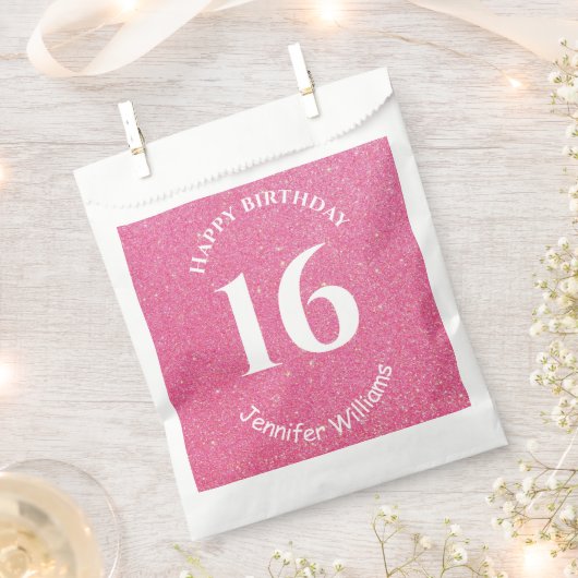 Happy Birthday Eigen naam Leeftijd Jaar Roze Glitt Bedankzakje (Geknipt)