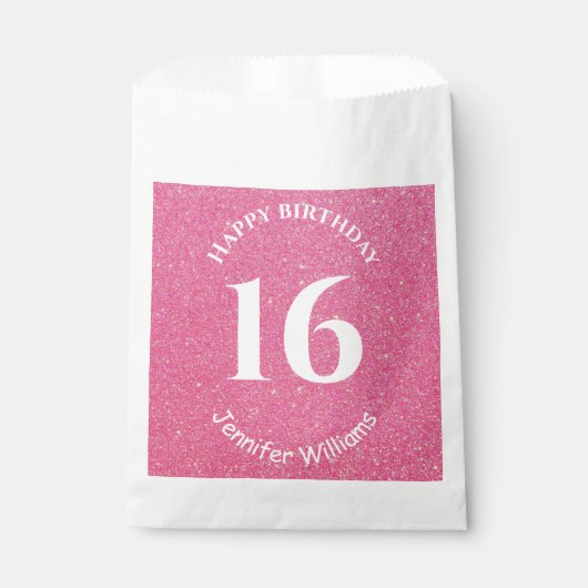 Happy Birthday Eigen naam Leeftijd Jaar Roze Glitt Bedankzakje (Voorkant)