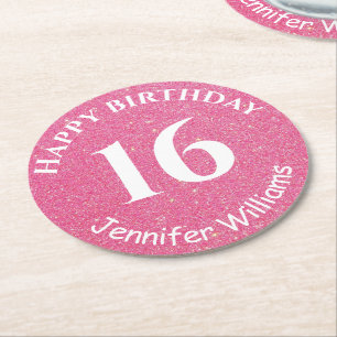 Happy Birthday Eigen naam Leeftijd Jaar Roze Glitt Ronde Kartonnen Onderzetter