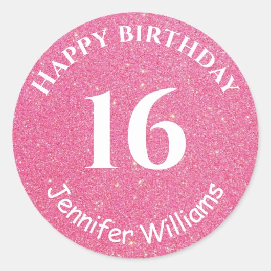 Happy Birthday Eigen naam Leeftijd Jaar Roze Glitt Ronde Sticker (Voorkant)