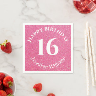 Happy Birthday Eigen naam Leeftijd Jaar Roze Glitt Servet