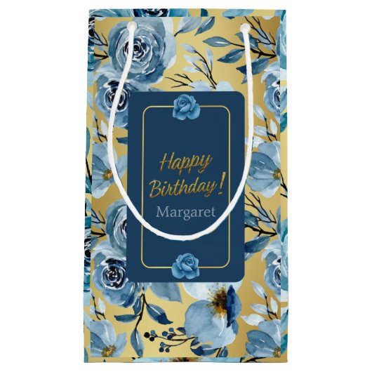 Happy Birthday Elegant Blauw Roos Bloemen Aanpasse Klein Cadeauzakje (Voorkant)