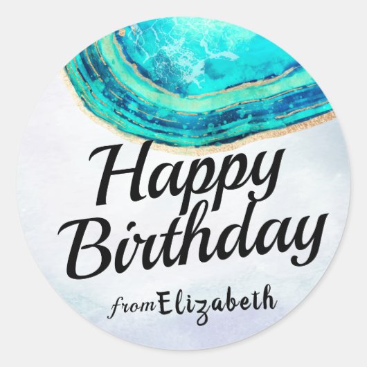 Happy Birthday Elegant Blauwgroen Gold Agate Geode Ronde Sticker (Voorkant)