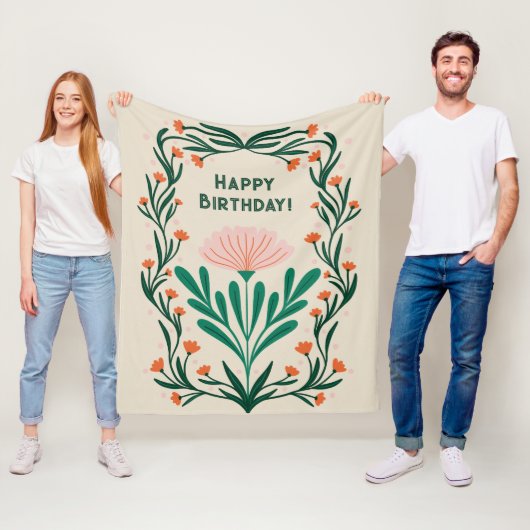 Happy Birthday Elegant Bloemen Lijst Fleece Deken (In situ)