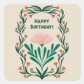 Happy Birthday Elegant Bloemen Lijst Vierkante Sticker (Voorkant)