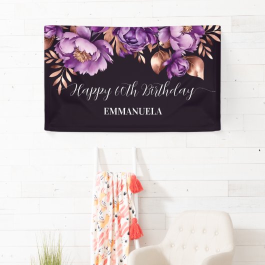 Happy birthday elegant paarse roos goud spandoek (Insitu)