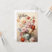 Happy Birthday Elegant Victoriaans Flowers Kaart (Voorkant / Achterkant in situ)