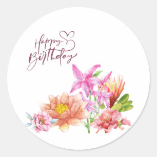Happy Birthday Elegant Waterverf Floral Ronde Sticker