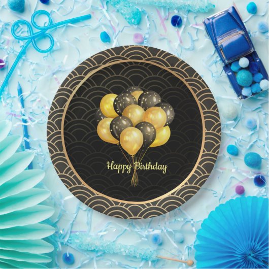 Happy Birthday, elegant zwart en goud, Papieren Bordje (Feest)