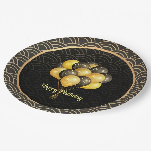 Happy Birthday, elegant zwart en goud, Papieren Bordje (Gekanteld)