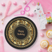 Happy Birthday, elegant zwart en goud, Papieren Bordje (Feest)