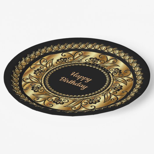 Happy Birthday, elegant zwart en goud, Papieren Bordje (Gekanteld)